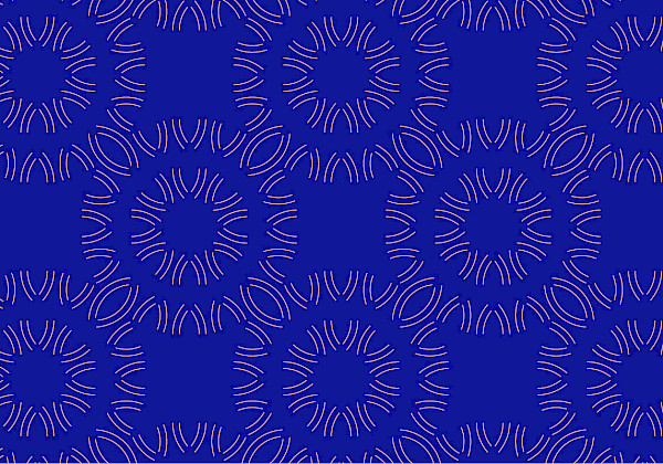 Toistuva kuvio vaaleanpunaisista ja sinisistä ympyröistä sinisellä taustalla”. Ympyrät on tehty pienistä vaaleanpunaisista viivoista ja ne on järjestetty ruudukkomaista kuvioon. Tausta on yhtenäisen sininen.