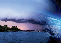 A surreal image of a wave crashing over a nightscape under a starry sky. The wave is deep blue and appears to be made of water. The wave crashes over the city skyline showing buildings and trees. The sky is deep blue, full of stars and a bright light shines in the upper right corner. The picture is dreamy.