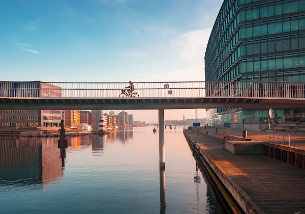 En cyklist korsar en bro över vatten, moderna byggnader är i bakgrunden. En cyklist bär hjälm och cyklar med en korg framför. Bron är gjord av betong och stål och har en modern design. Vattnet är lugnt och speglar byggnaderna och bron. Byggnaderna i bakgrunden är moderna och gjorda av glas och stål. Himlen är blå och bilden har en varm ton.