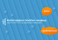 Blue background with diagonal white lines and orange speech bubbles with text in Finnish and Swedish. The first bubble reads Kotus, the second Språkinstitutet.