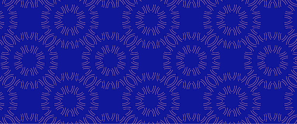 Ett återkommande mönster av rosa och blå cirklar på en blå bakgrund”. Cirklarna är gjorda av små rosa linjer och är arrangerade i ett rutmönster. Bakgrunden är enfärgad blå.