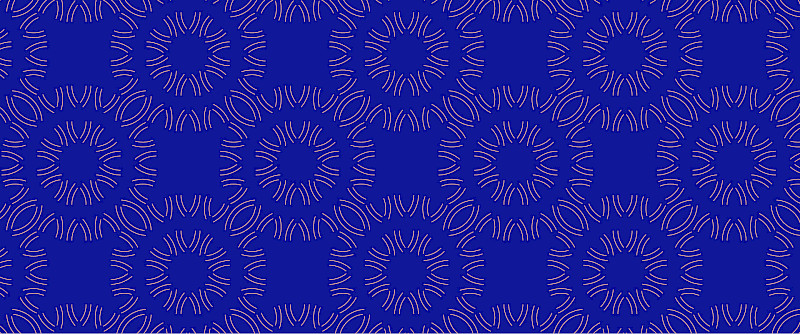 Ett återkommande mönster av rosa och blå cirklar på en blå bakgrund”. Cirklarna är gjorda av små rosa linjer och är arrangerade i ett rutmönster. Bakgrunden är enfärgad blå.