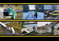 A collage of six images showing various accidents and emergencies. The pictures are arranged in two rows, each with three pictures. The top row shows a car that has crashed into a tree, a person walking on a snowy road, and a car that has crashed into a building. The bottom row shows a truck that has crashed into a tree, a car that has crashed into a building, and a fire truck that is responding to an emergency. All images have a yellow border.