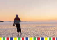 Bilden. Vinterlandskapsbild över den frusna sjön. Personen är ute och åker skridskor på isen med ryggen mot kameran. Skridskoåkaren har en brokig tröja på sig.
