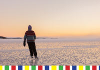 Illustration. Winter landscape view of the frozen lake. The person is skating on the ice with his back to the camera. The skater wears a mottled sweater.