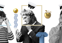Ett surrealistiskt collage av tre personer. Det finns olika föremål och former runt omkring, som ett gyllene äpple, en gyllene boll, en blå våg, en vit stång och en vit sjömanshatt. Objekt och former är arrangerade på en svartvit bakgrund.