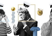 A surreal collage of three people. There are various objects and shapes around, such as a golden apple, a golden ball, a blue wave, a white pole, and a white sailor hat. Objects and shapes are arranged on a black and white background.